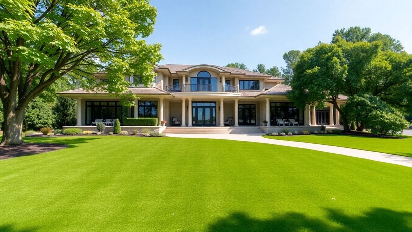 Luxurious modern house with green lawn and trees