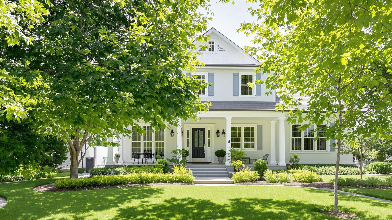 Modern house with green lawn and trees.