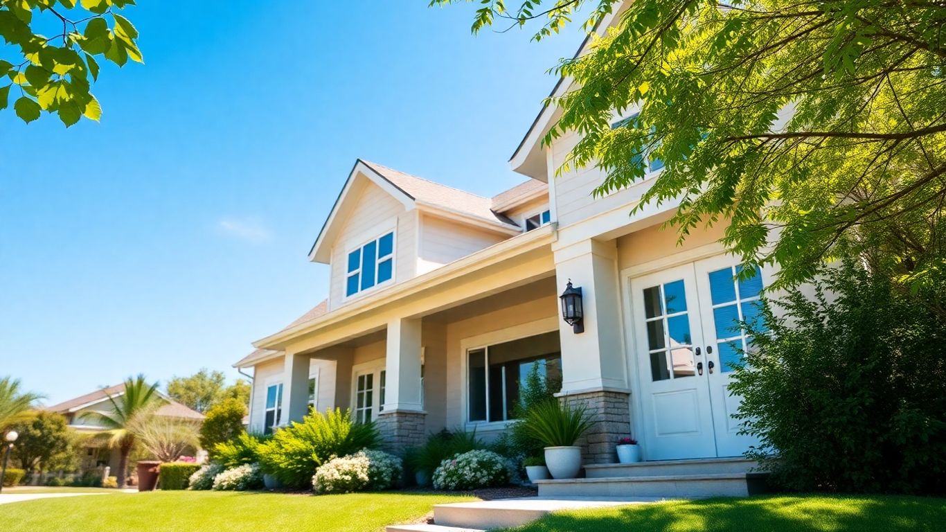 Modern house exterior with green landscaping under a blue sky.