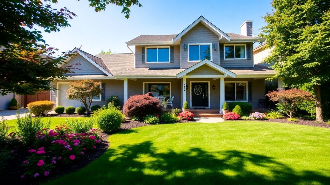 Modern Maple Ridge house with a green lawn and flowers.