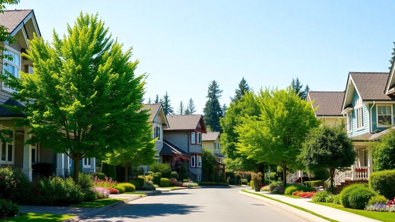 Maple Ridge homes on a sunny street with trees and gardens.