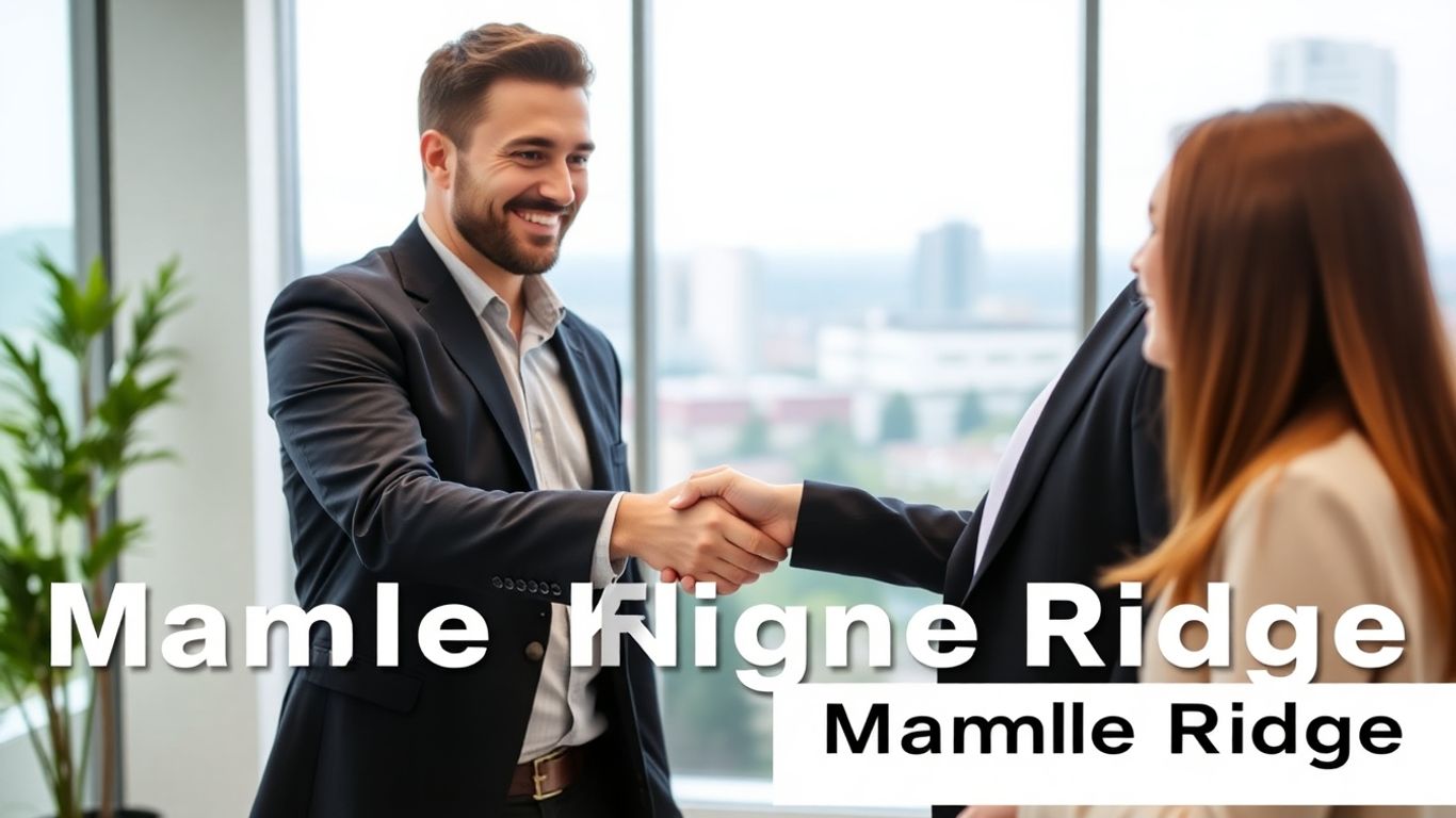 Realtor and client shaking hands in an office.