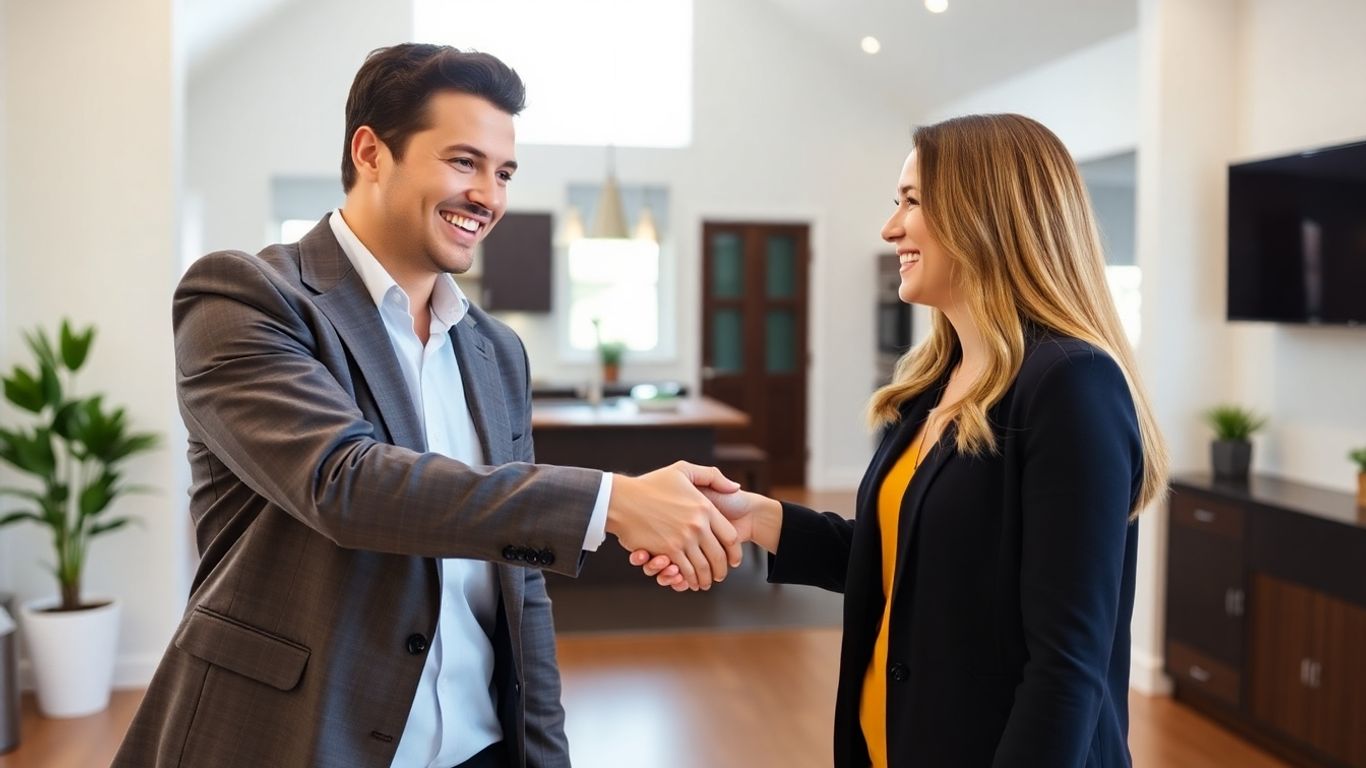 Realtor and client shaking hands in a home.