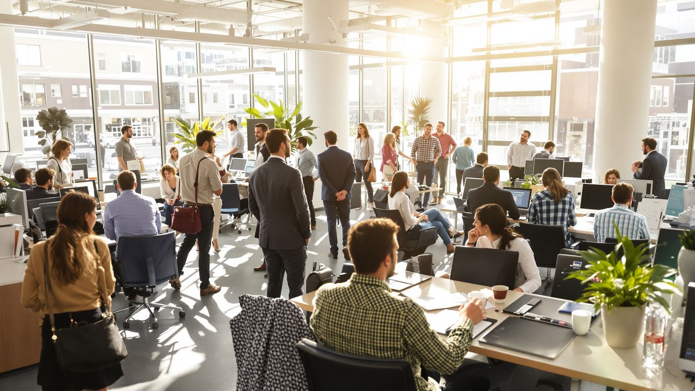 Real estate professionals collaborating in a bright, modern office.