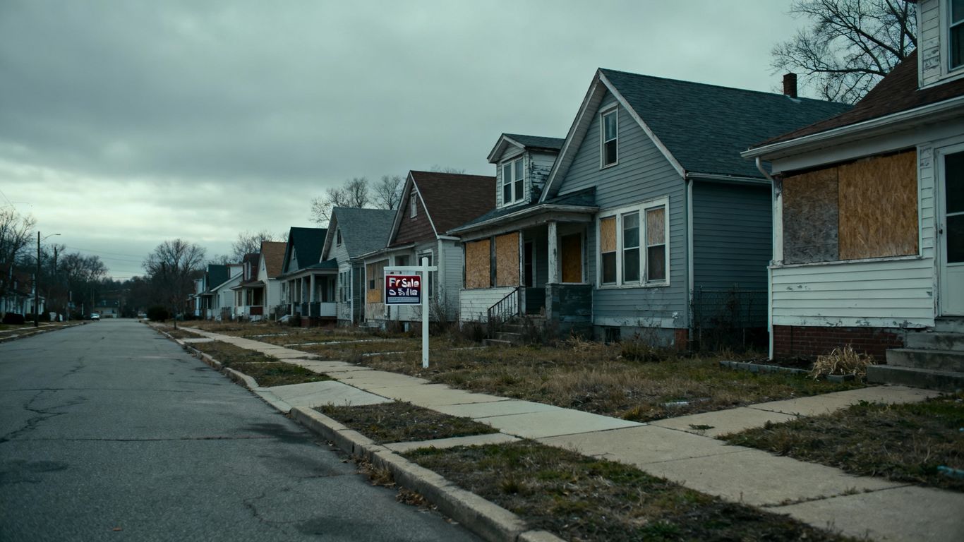 BC real estate market with houses for sale and overcast sky.