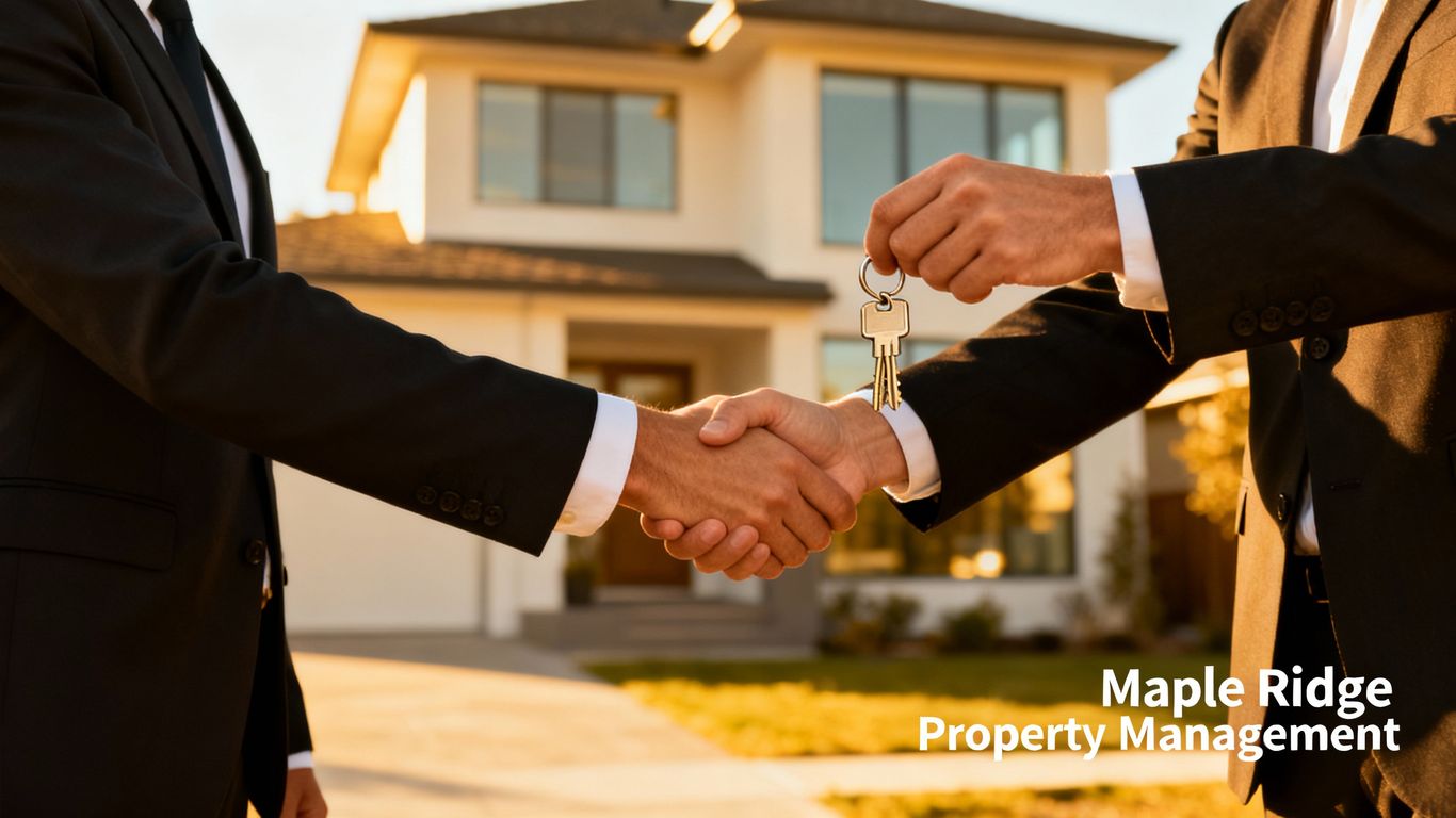 Handshake with keys, house background, property management
