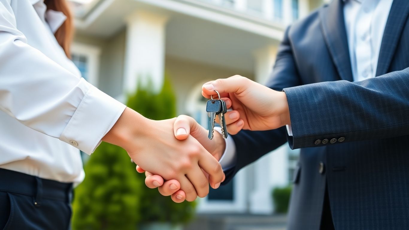 Handshake with keys, house background