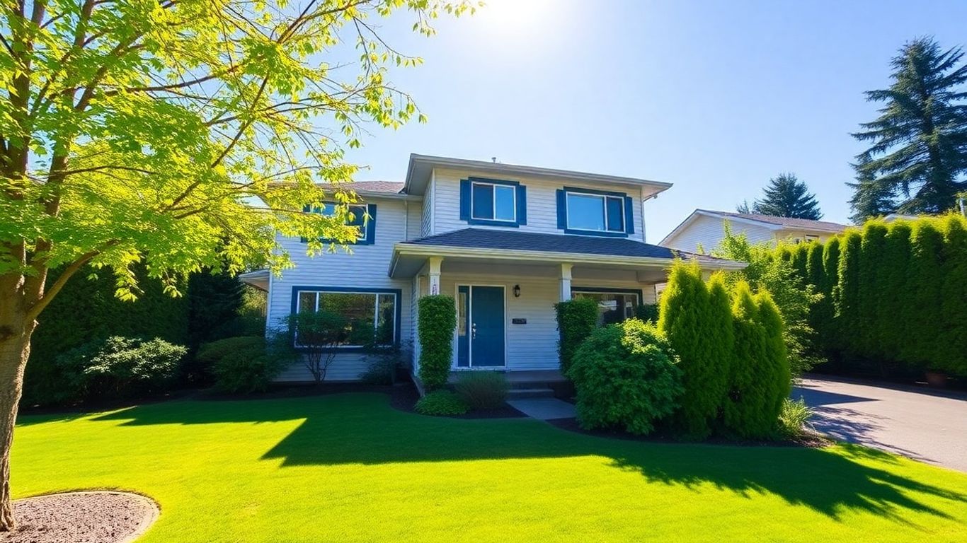 Pitt Meadows house with green landscaping and blue sky.