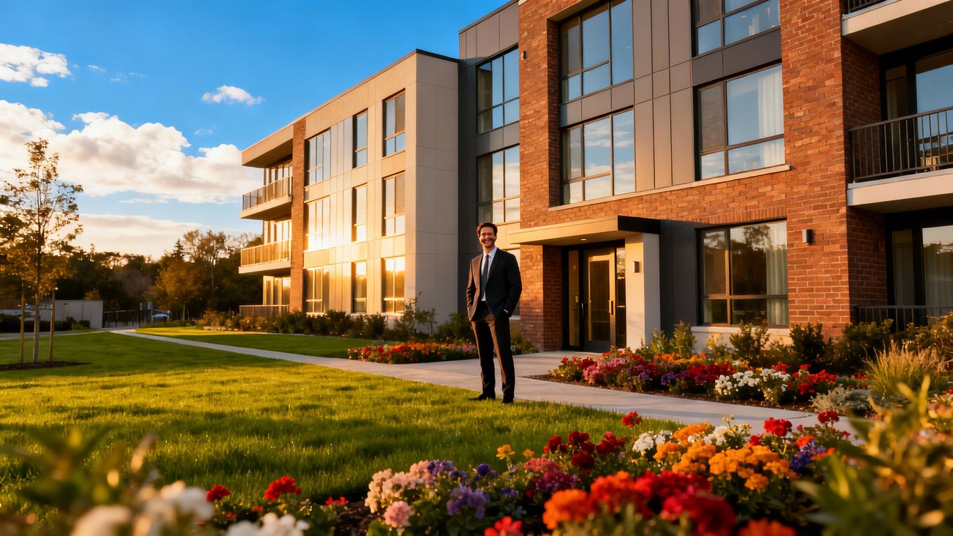 Modern apartment building with professional property manager.