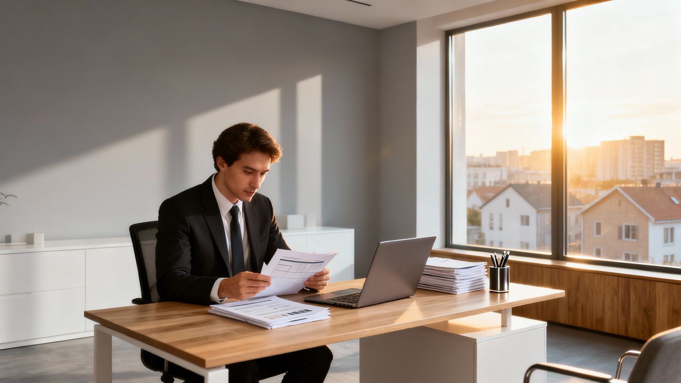 Professional reviewing property management documents in a bright office.
