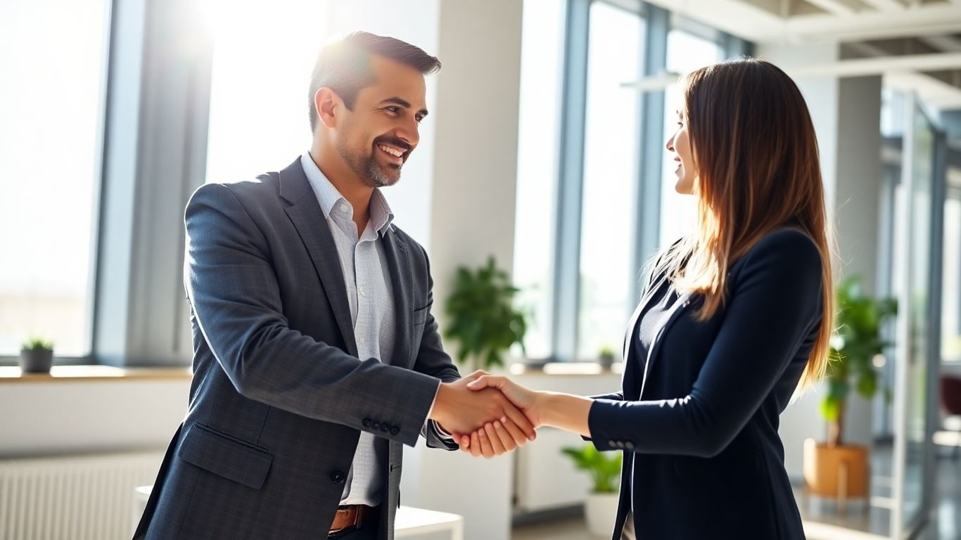Property manager shaking hands with client in office.