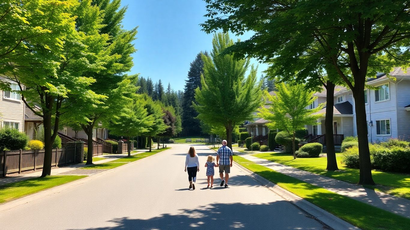 Maple Ridge suburban street with family walking to park.