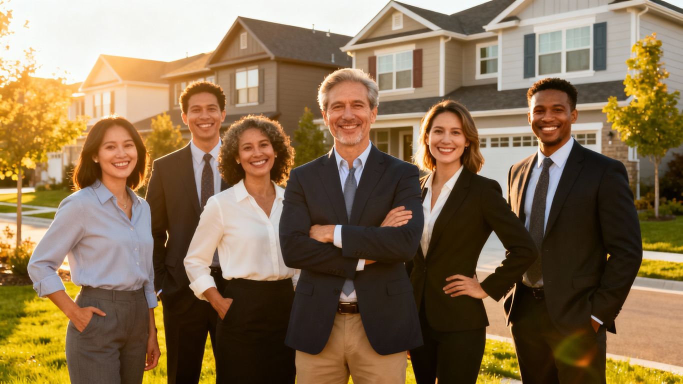 Top local real estate agents smiling in front of houses.