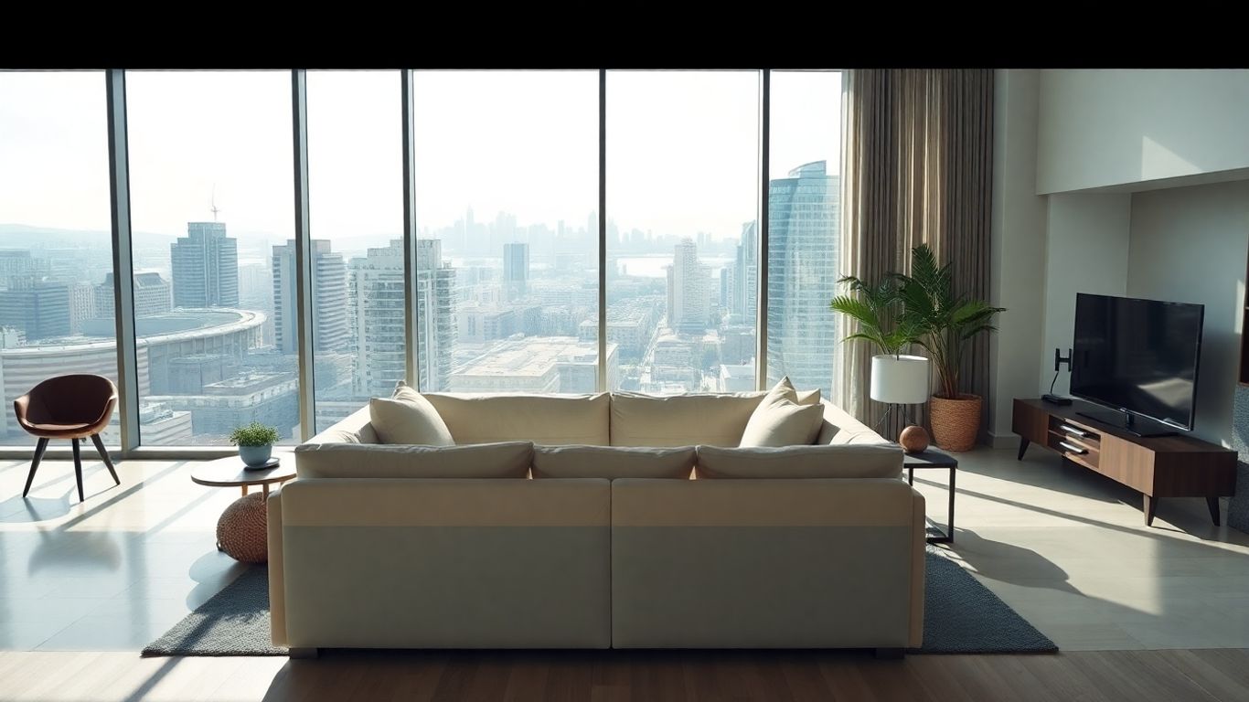 Modern living room with city view