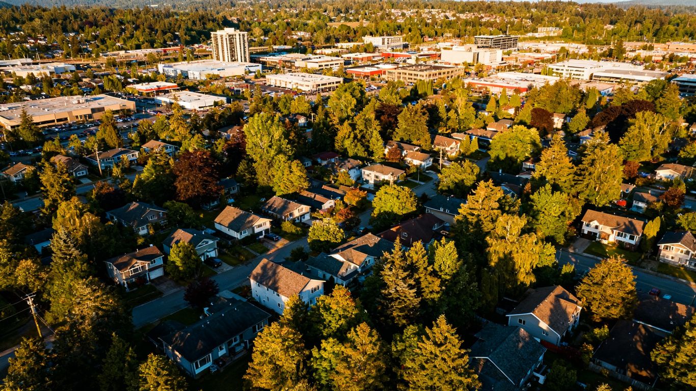 Aerial view of Maple Ridge cityscape and greenery.