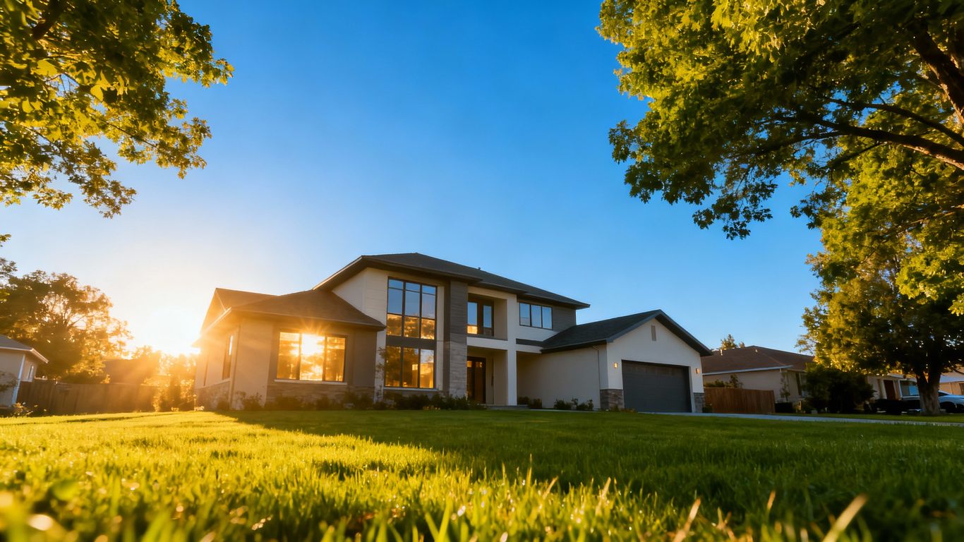 Northern BC house with green lawn and blue sky.
