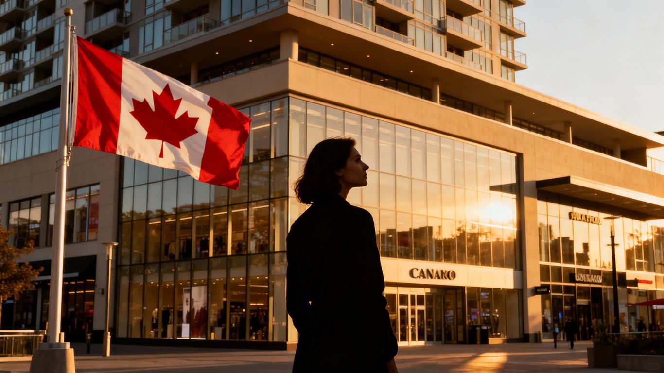 Canadian flag and shopping mall with a woman.