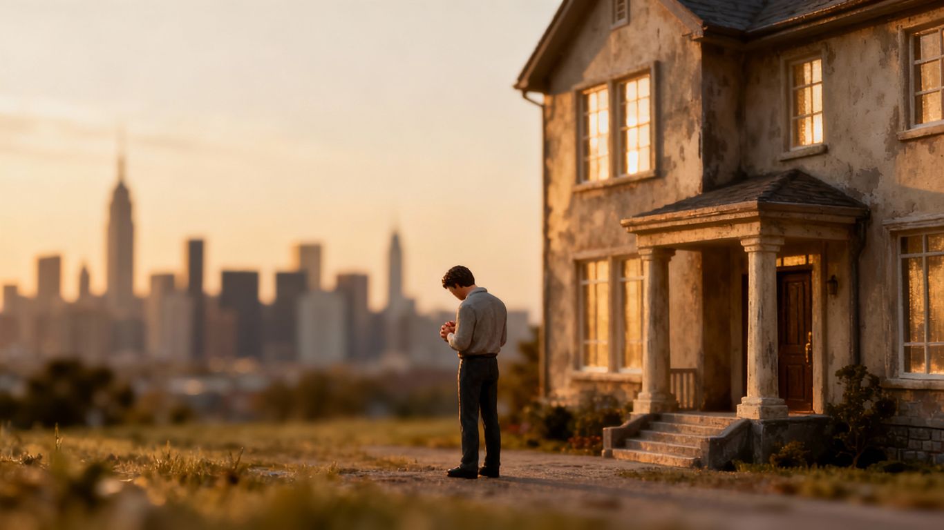 Homeowner looking at city skyline, worried about finances.