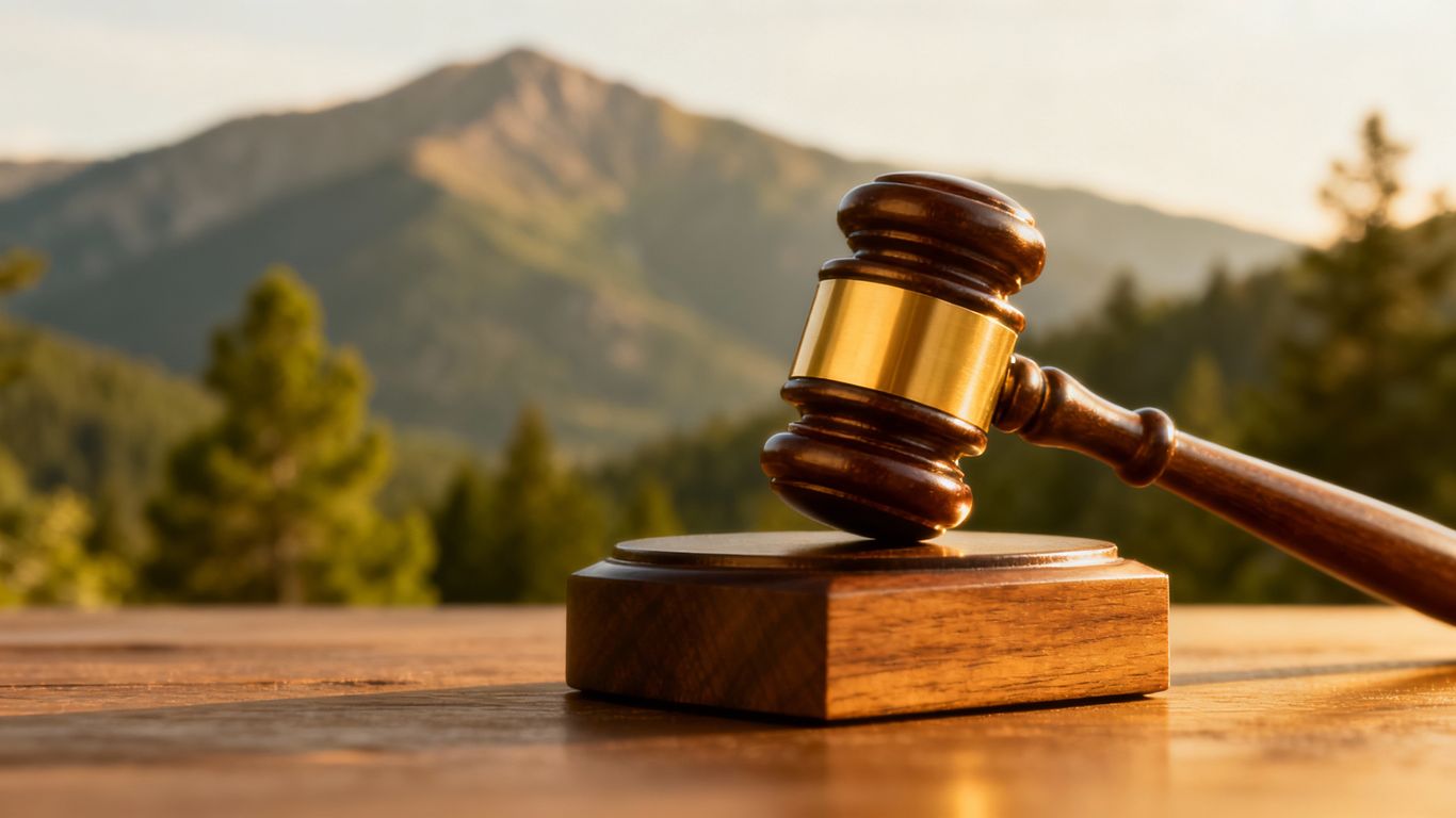 Gavel striking block with mountain background
