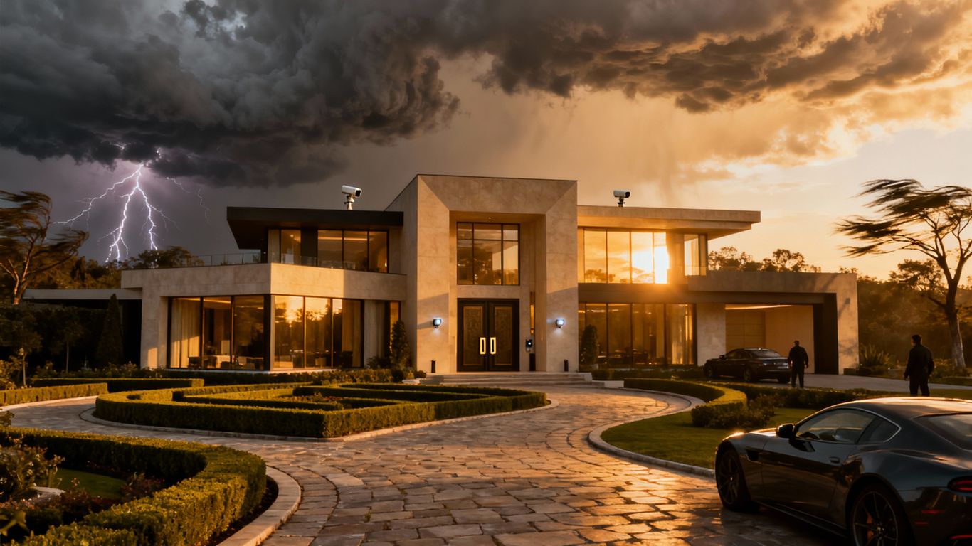 Luxury mansion with stormy sky, legal battle implied.