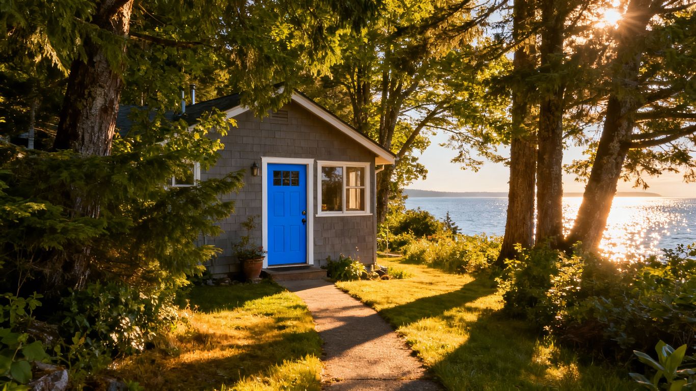 Mayne Island cottage with blue door and ocean view.