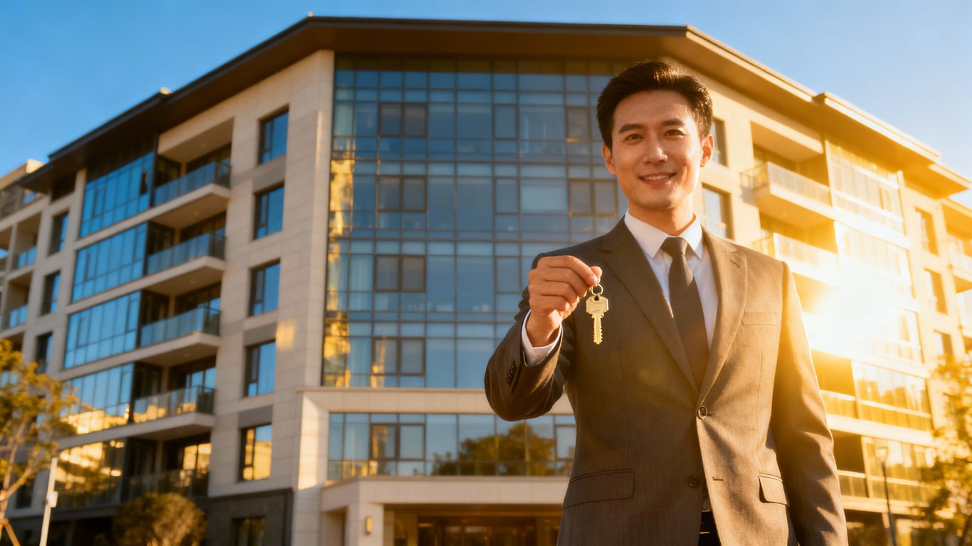 Property manager with key and apartment building.