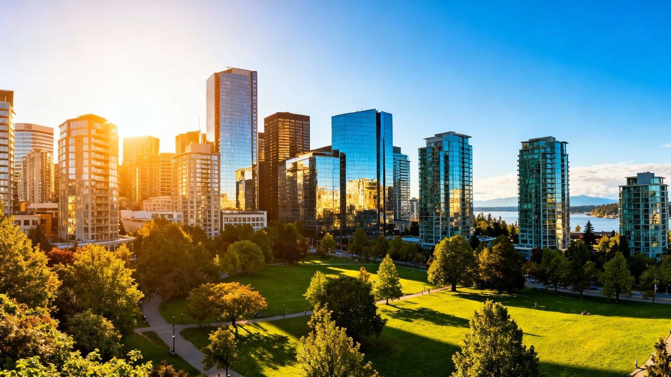Vancouver skyline with buildings and green spaces.