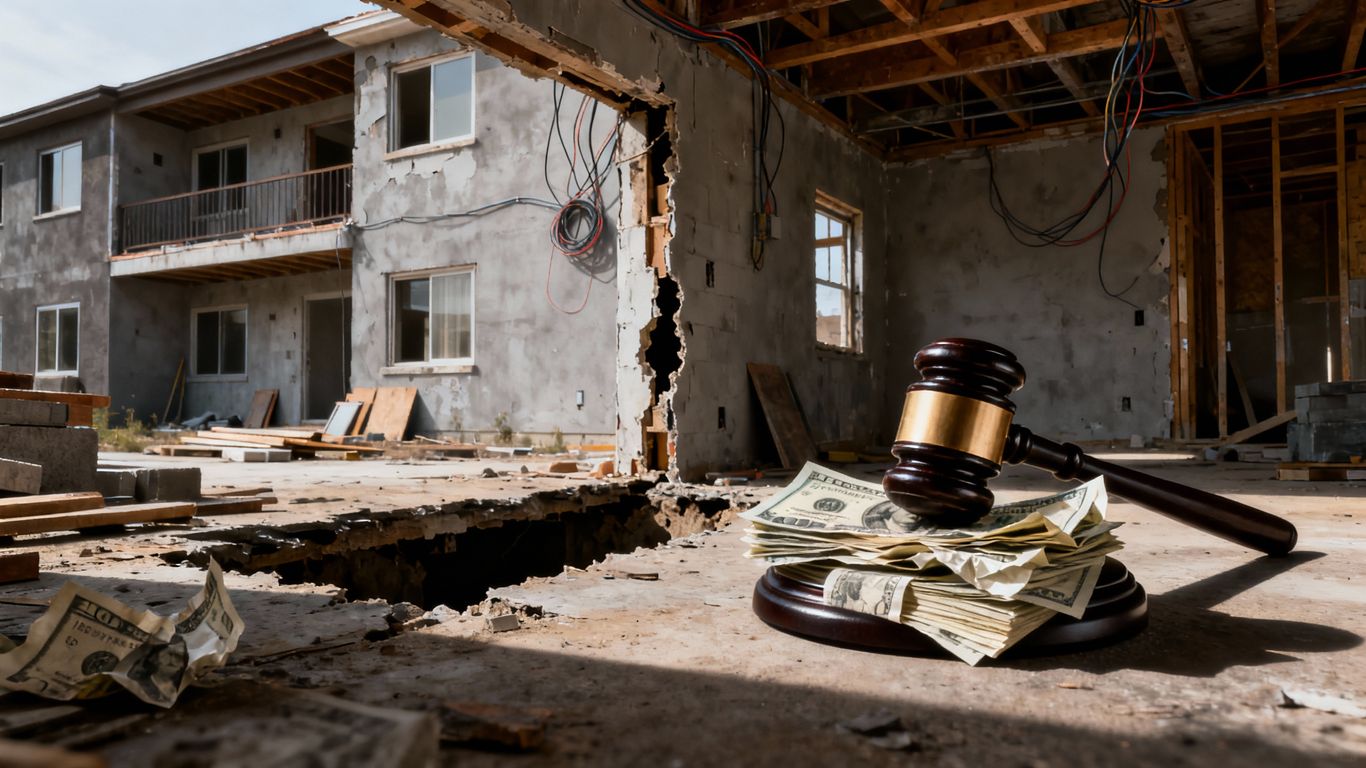 Condo with missing wall and a judge's gavel on money.