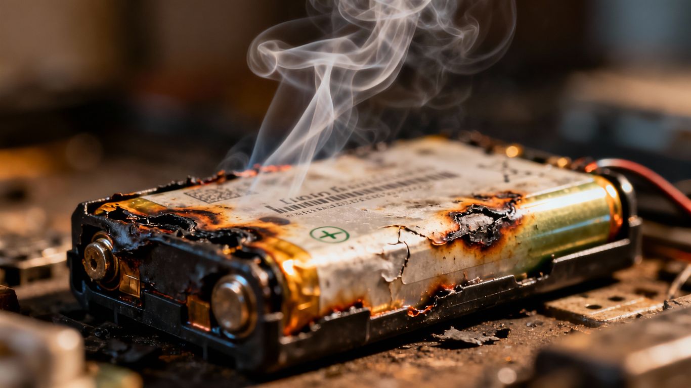 Damaged lithium-ion battery with smoke