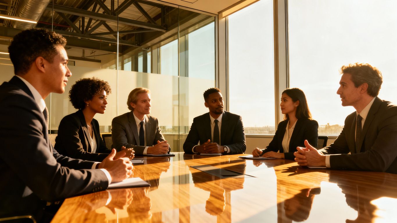 Professionals in a meeting discussing housing policy.