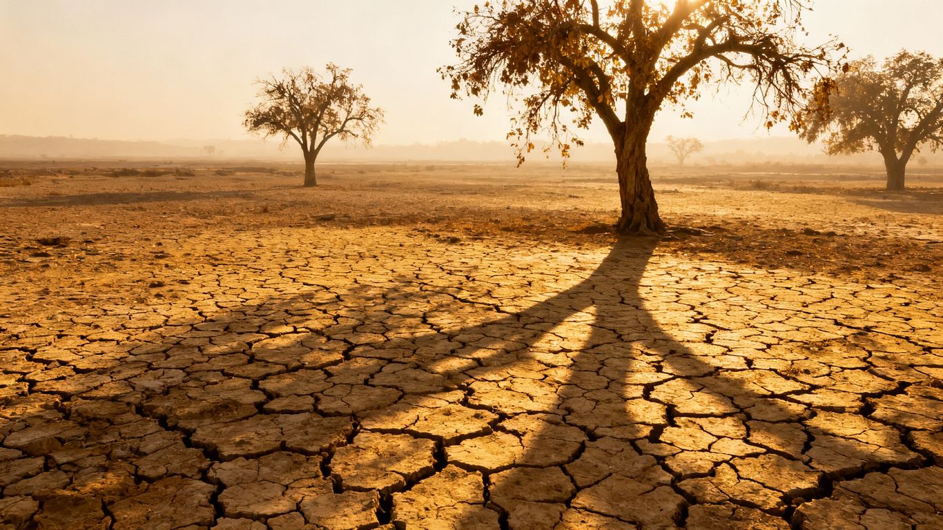Dry, cracked earth with wilting trees under a hazy sky.