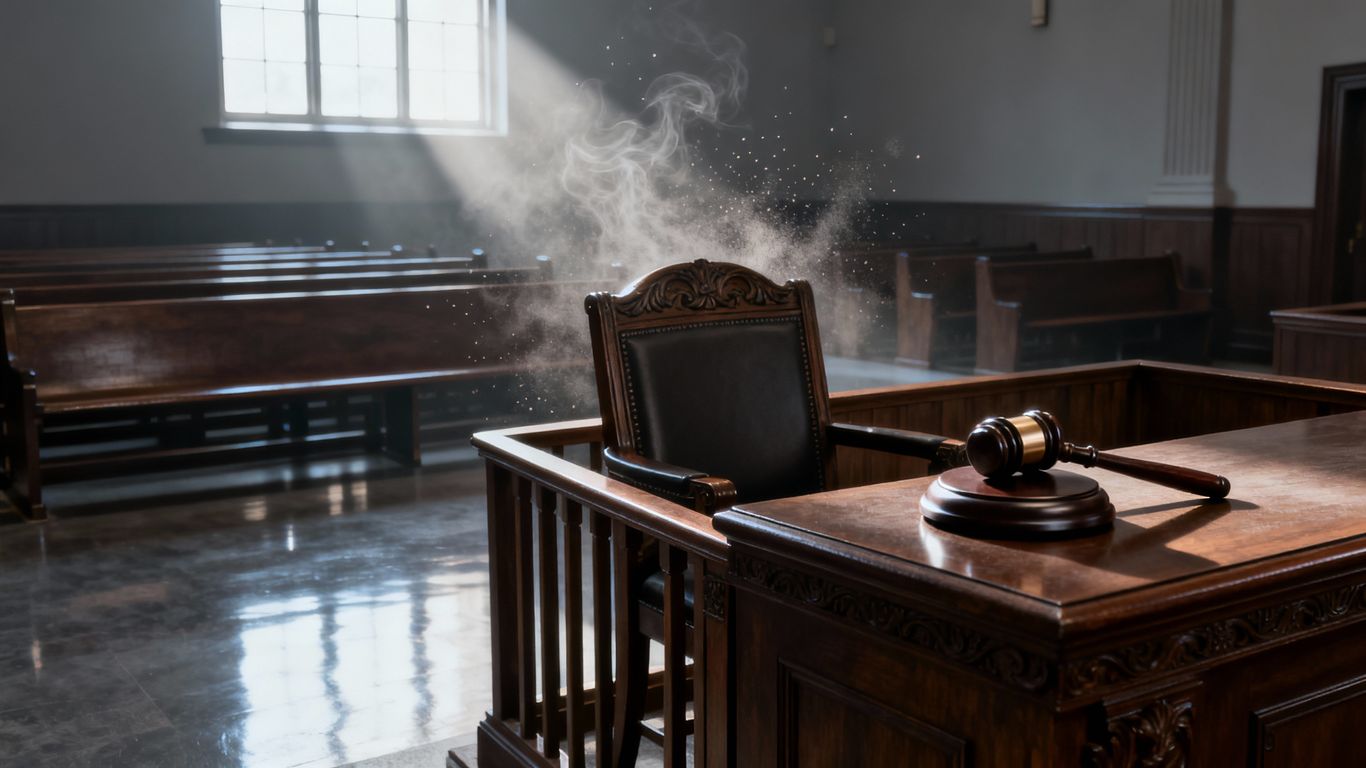 Empty courtroom with a gavel on the judge's bench.
