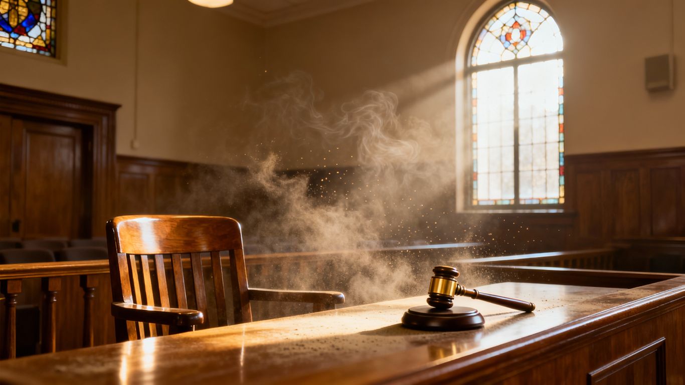 Empty courtroom with a gavel on the judge's bench.