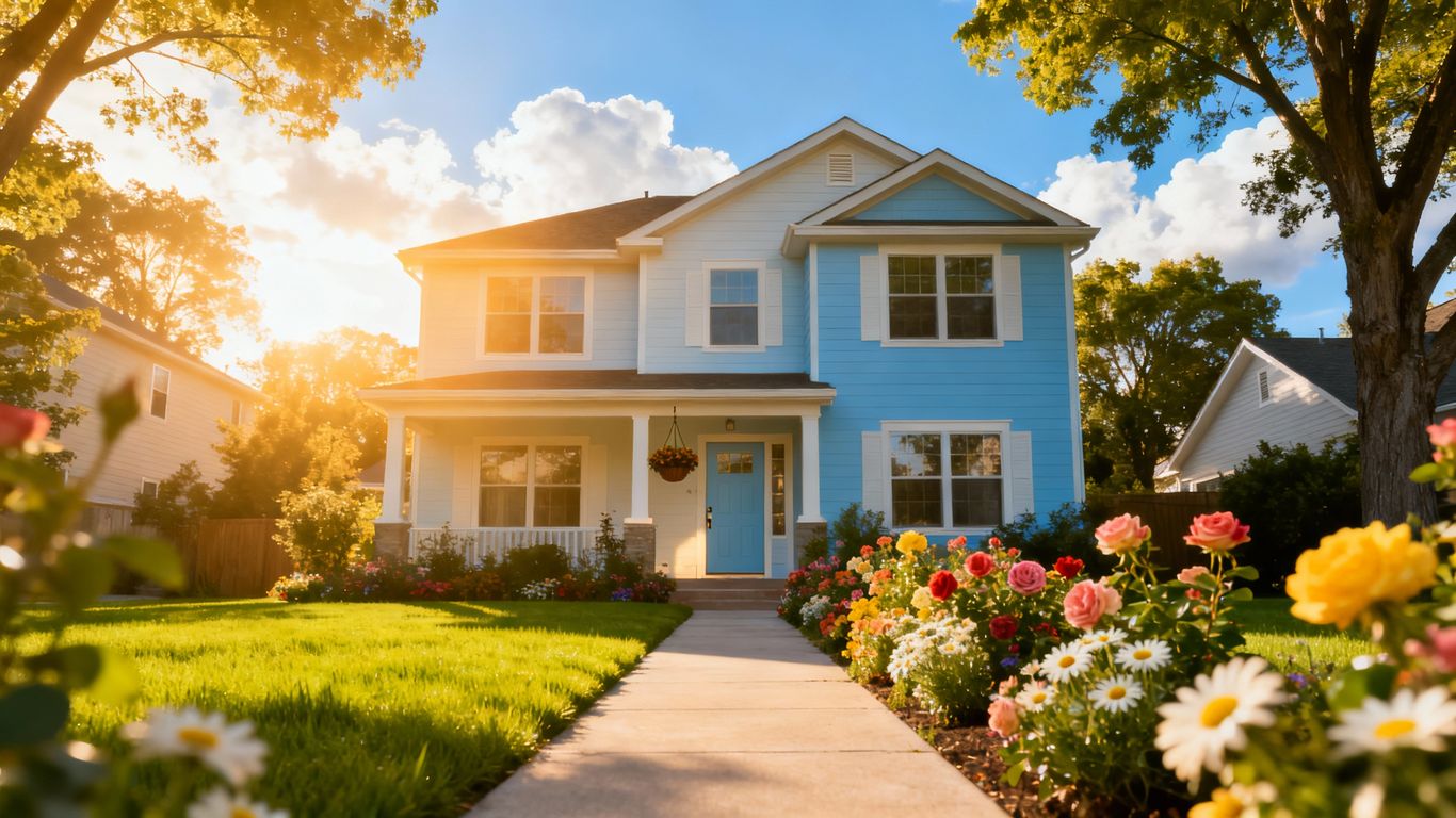 Modern suburban house with green lawn and flowers.