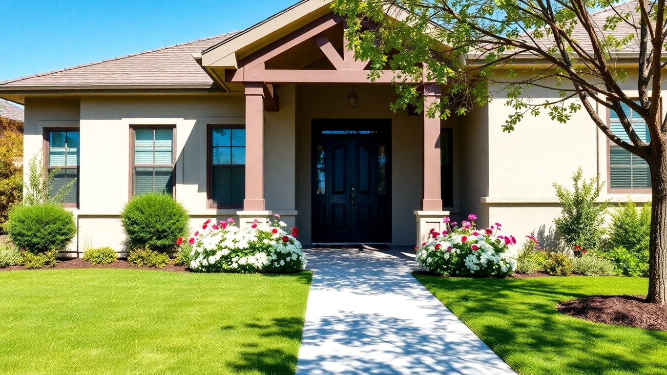 Modern house with green lawn and flowers.
