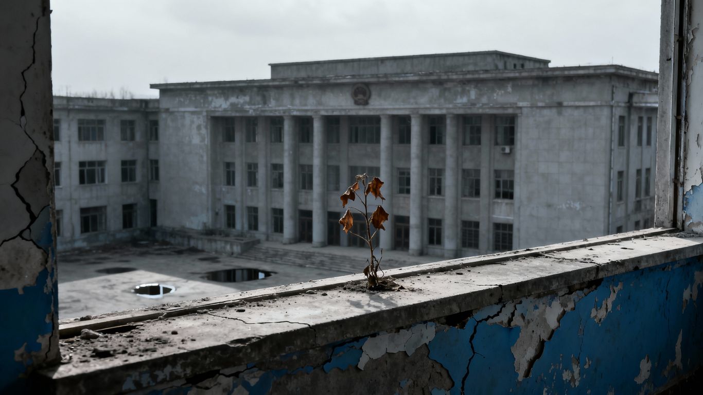 Provincial government building with wilting plant, symbolizing economic hardship.