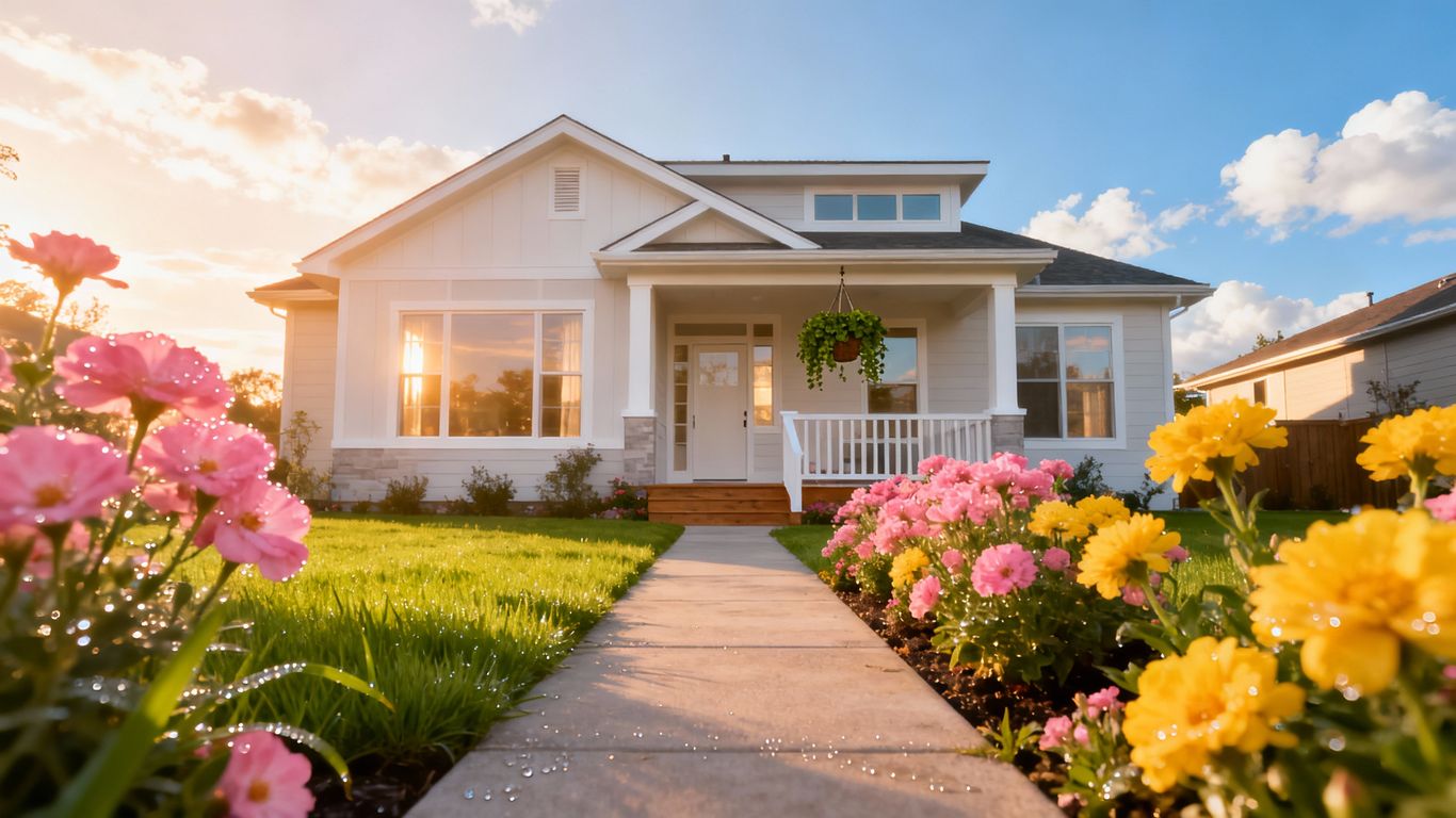 Modern house with green lawn and flowers.