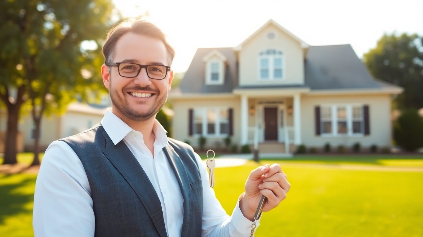 Real estate agent with keys in front of a house.
