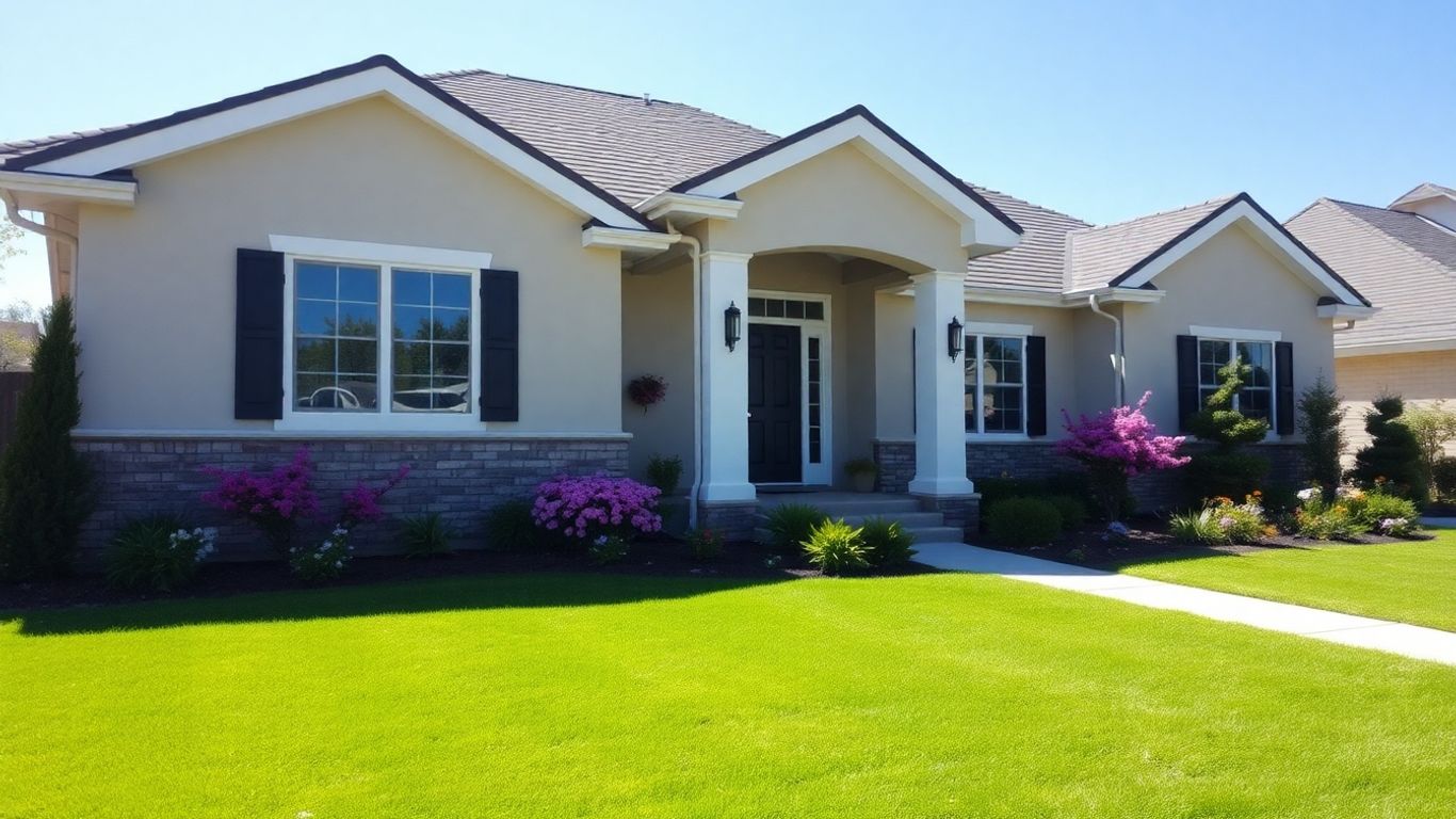 Modern house with green lawn and blue sky.