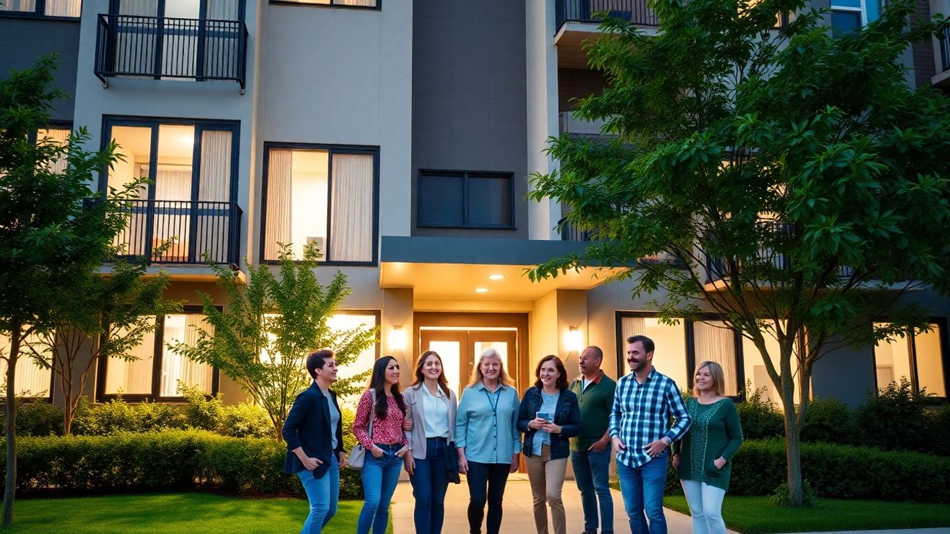 Happy residents and building exterior