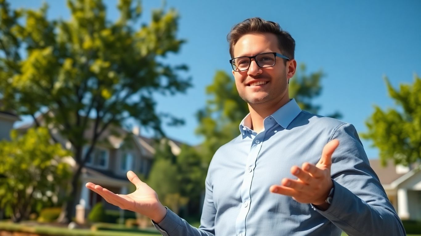 Realtor in front of suburban homes.