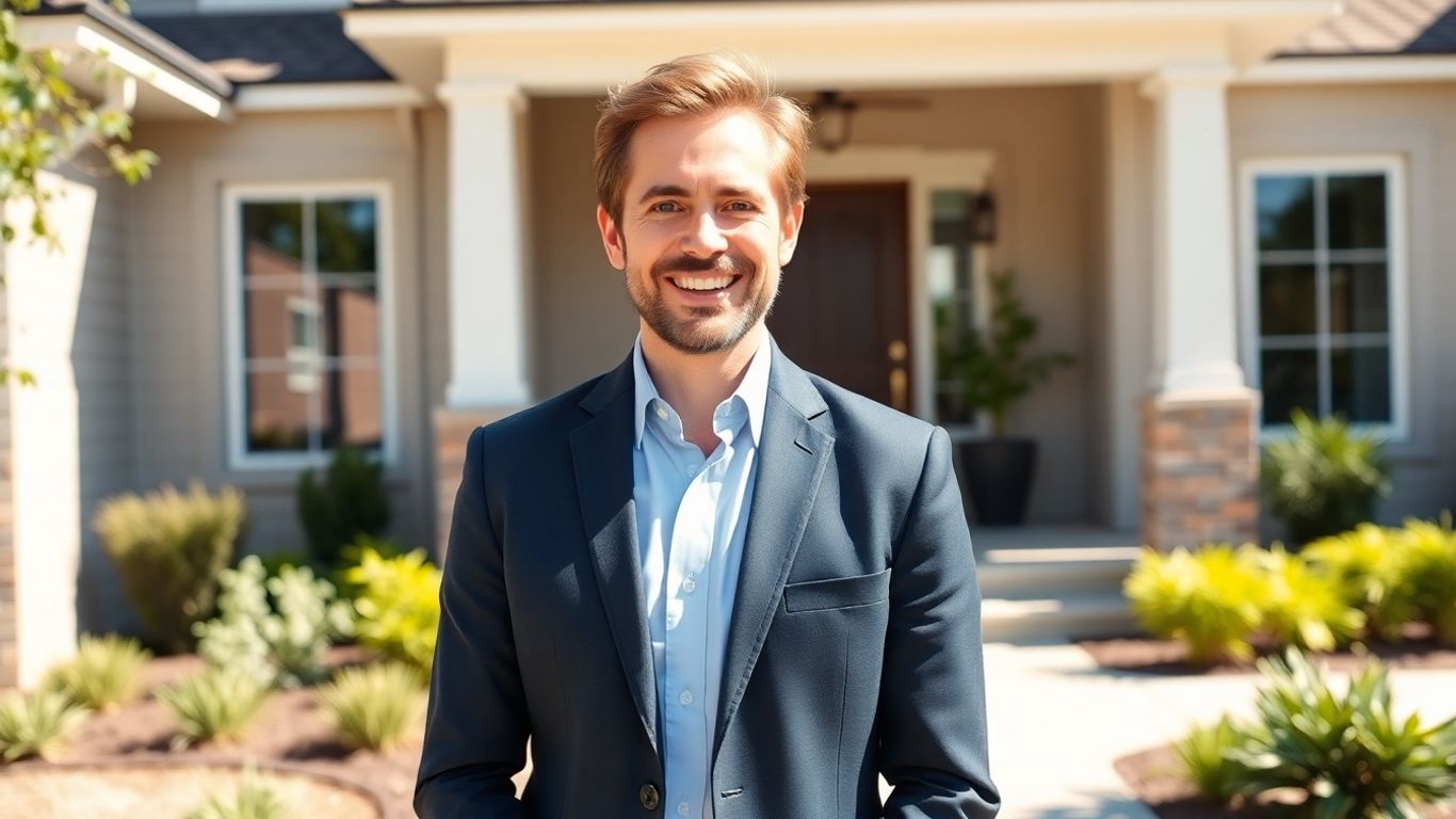 Realtor smiling in front of a modern house.
