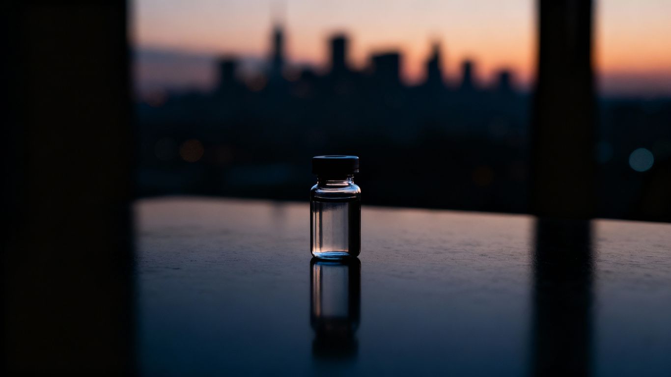 Empty vial on dark surface, city skyline background.