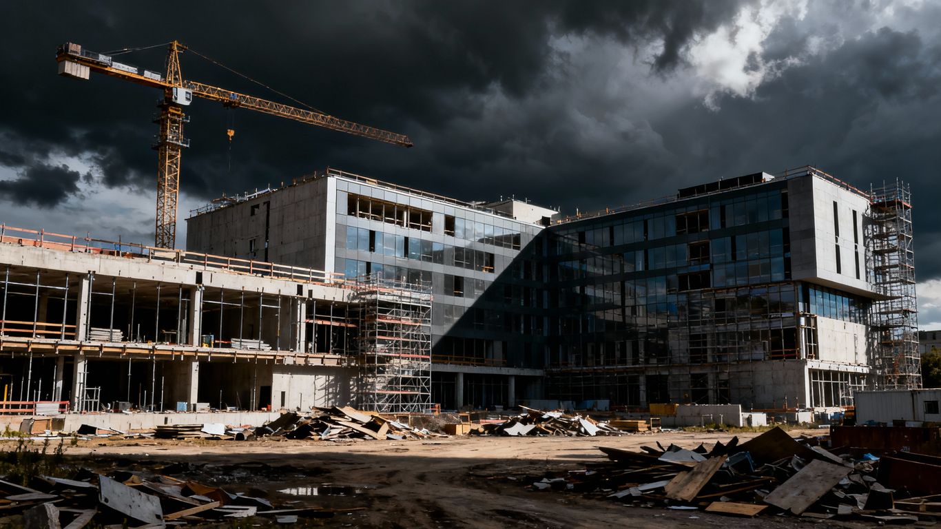 Collapsed construction project with stormy skies.