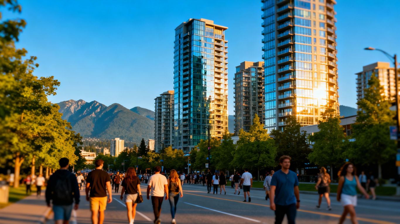 Modern Vancouver skyline with diverse people and condos