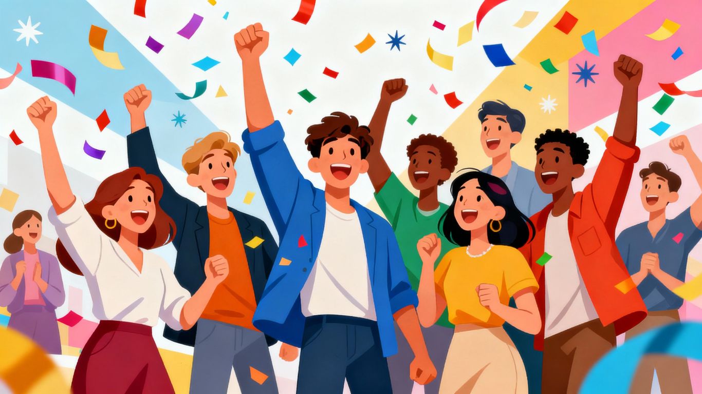 Group celebrating new beginnings with colorful confetti