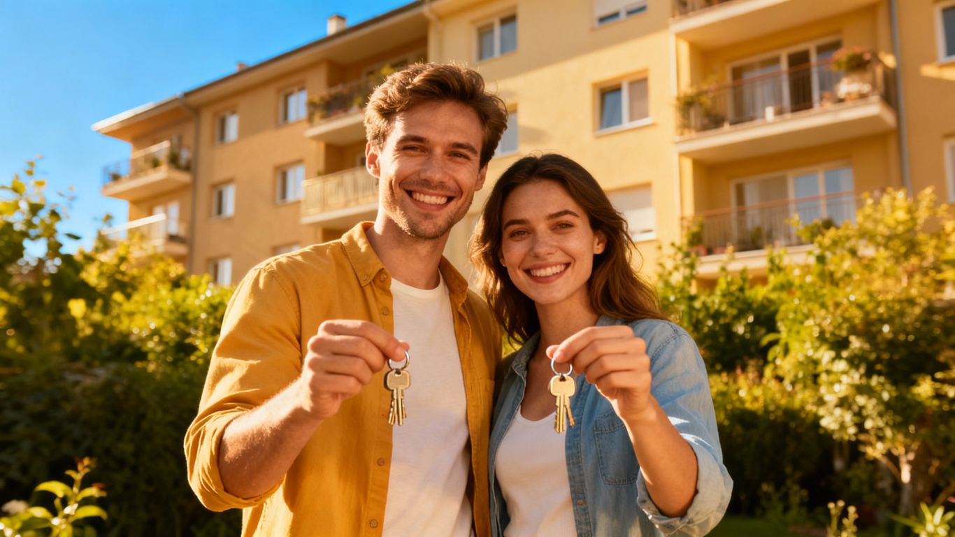 Smiling couple outside apartment building with keys