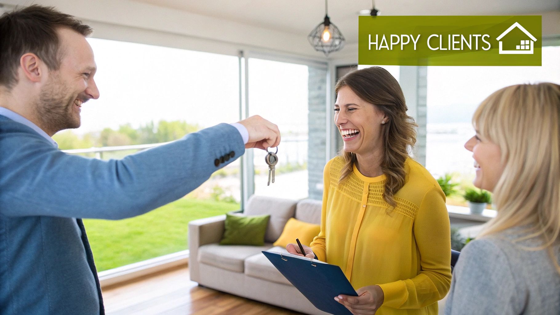 A couple confidently shaking hands with a real estate agent inside a modern home in Mission.