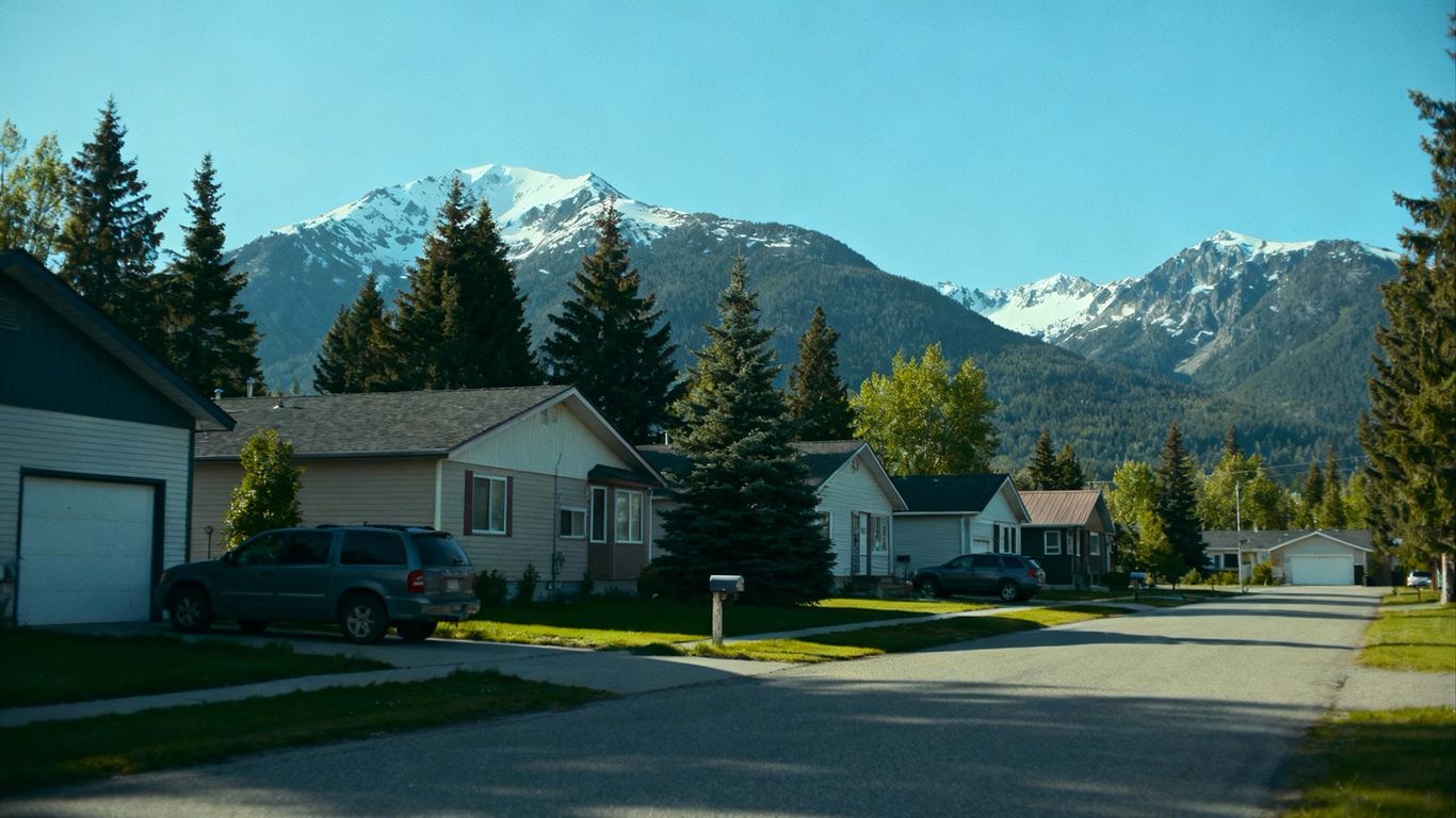 Northern BC houses with mountains and trees background
