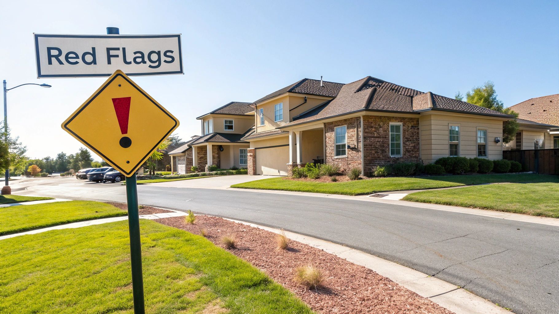 A red flag planted on a property with a for sale sign, symbolizing a warning sign in real estate.